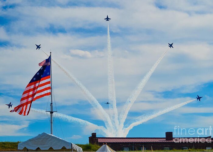 Blue Angels Star Spangled Spectacular Banner 200th Anniversary Baltimore Blue Angels Bomb Burst In Air Over Fort Mchenry Vignette Series Patriotic American Flag National Anthem 200th Anniversary History Military Aviation F-18 Hornet Harbor Garrison Flag Huge Blue Sky Clouds Star-spangled Spectacular Airshow Aircraft Navy Precision Demonstration Team Pilots Greeting Card featuring the photograph Blue Angels Bomb Burst in Air over Fort McHenry Finale by Jeff at JSJ Photography