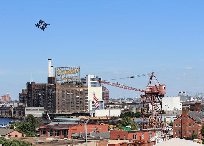 Blue Greeting Card featuring the photograph Blue Angels Over Baltimore by Sarah Donald