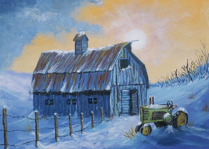 Winter Greeting Card featuring the painting Blue Barn Number 3 by Jerry McElroy
