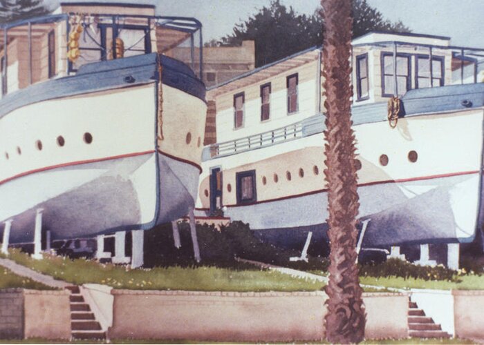 Blue Boat Greeting Card featuring the painting Blue Boat Apartments Encinitas by Mary Helmreich