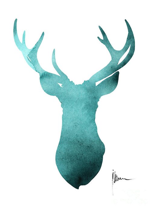 Deer Greeting Card featuring the painting Blue deer antlers watercolor art print painting by Joanna Szmerdt