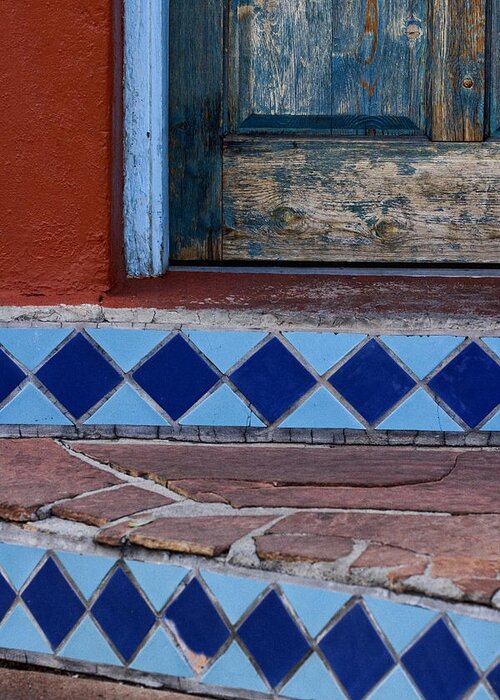 Blue Greeting Card featuring the photograph Blue Door Colorful Steps Santa Fe by Carol Leigh