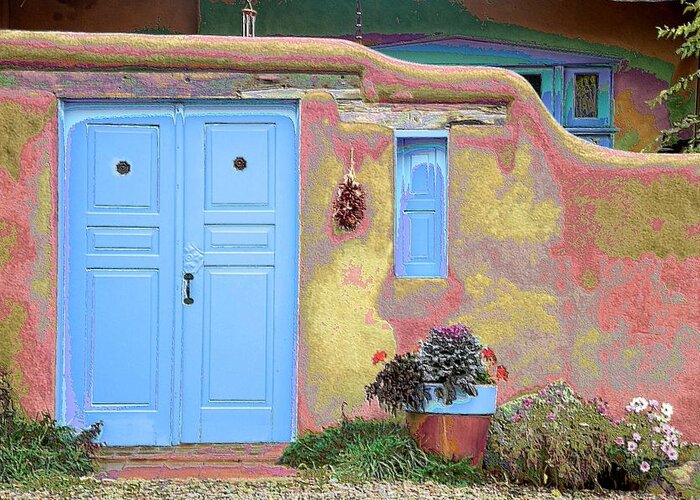 Adobe Greeting Card featuring the photograph Blue Door in Ranchos by Jacqui Binford-Bell