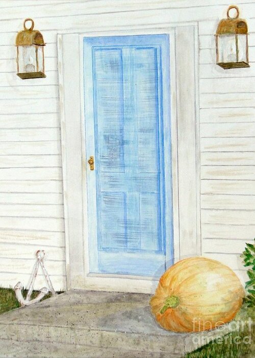 Doorway Greeting Card featuring the mixed media Blue Door with Pumpkin by Barbie Corbett-Newmin