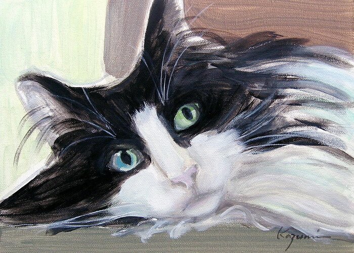 Cat Greeting Card featuring the painting Blue Eye and Green Eye by Kazumi Whitemoon