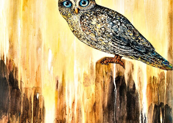 Owl Greeting Card featuring the painting Blue Eyed Owl by Shijun Munns