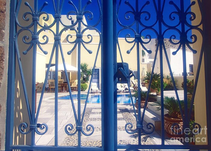 Santorini Greeting Card featuring the photograph Blue gate by Aiolos Greek Collections