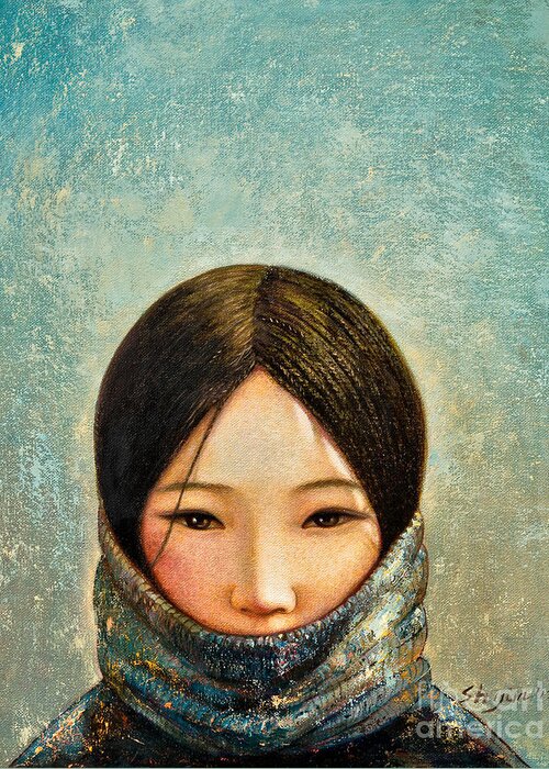 Girl Greeting Card featuring the painting Blue Girl by Shijun Munns