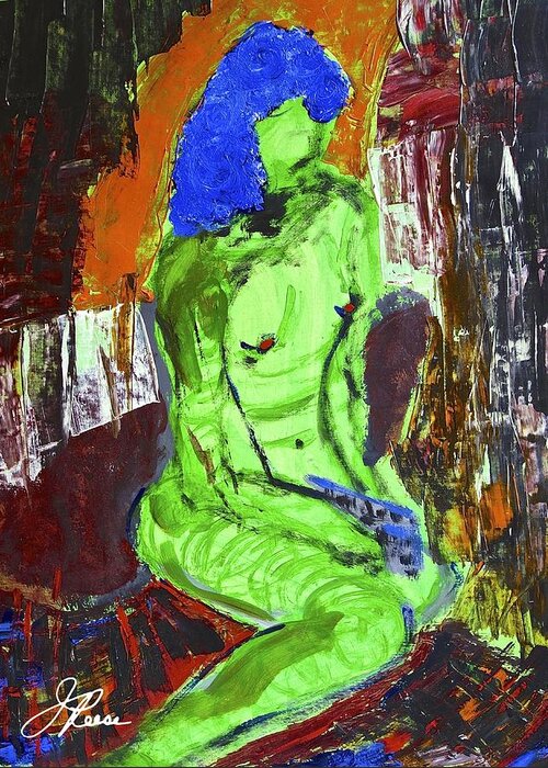 Nude Female Greeting Card featuring the painting Blue Haired Nude by Joan Reese