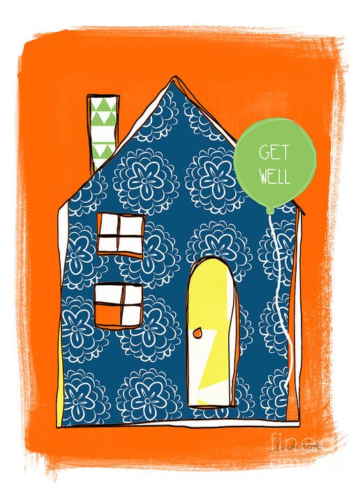 House Greeting Card featuring the mixed media Blue House Get Well Card by Linda Woods