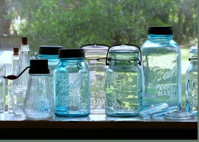 Cross Creek Greeting Card featuring the photograph Blue Jars by Randi Kuhne