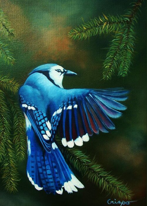 Bird Greeting Card featuring the painting Blue Jay by Jean Yves Crispo