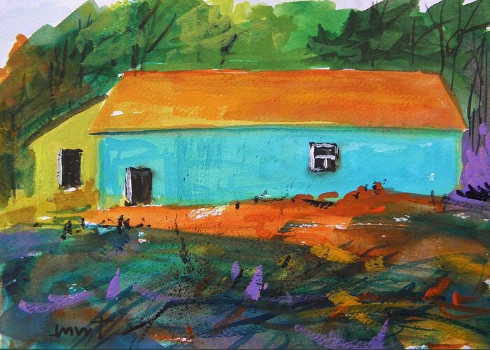 Blue Barn Greeting Card featuring the painting Blue Long Barn by John Williams