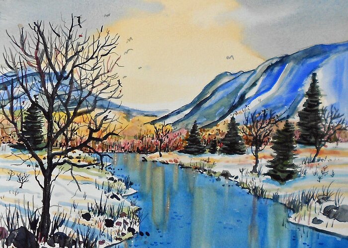 Winter Greeting Card featuring the painting Blue Mountains by Terry Banderas