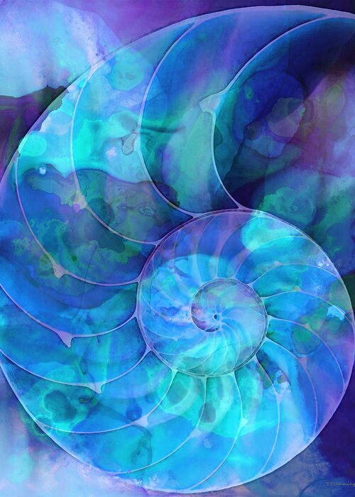 Blue Greeting Card featuring the painting Blue Nautilus Shell By Sharon Cummings by Sharon Cummings