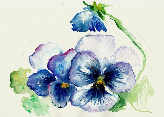 Blue Greeting Card featuring the painting Blue Pansies Watercolor by Tiberiu Soos