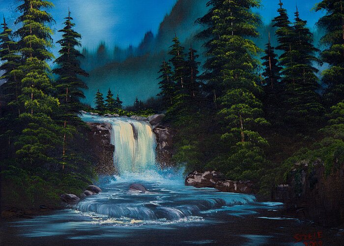 Landscape Greeting Card featuring the painting Mountain Falls by Chris Steele