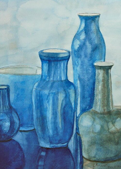 Vases Greeting Card featuring the painting Blue Vases I by Anna Ruzsan