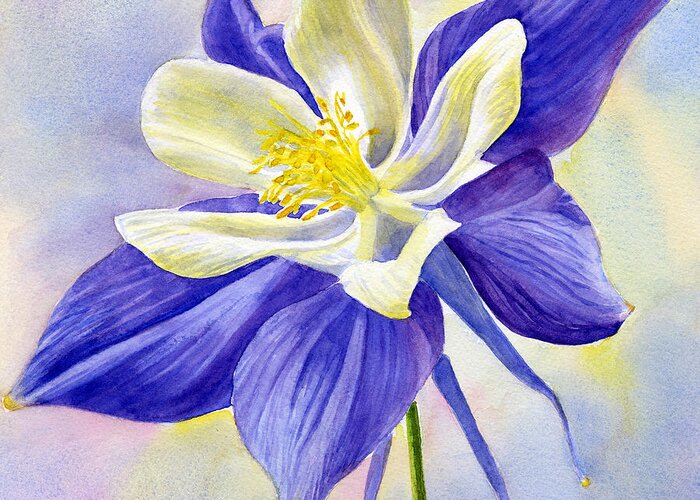 Blue Greeting Card featuring the painting Blue Violet Columbine Blossom by Sharon Freeman