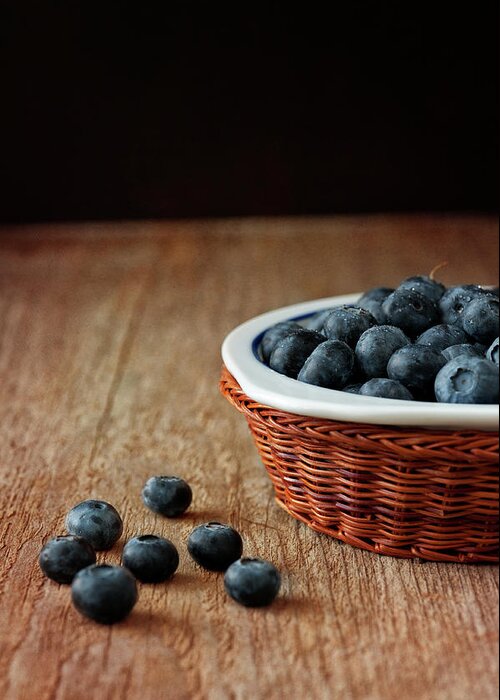 Wood Greeting Card featuring the photograph Blueberries In Wicker Basket by © Brigitte Smith
