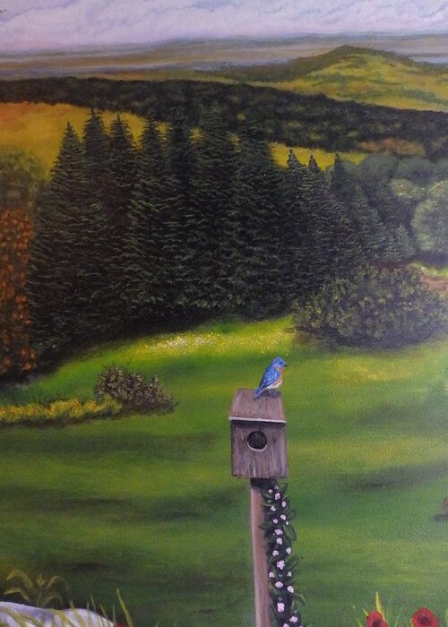 Trees Greeting Card featuring the painting Bluebird on a birdhouse by Dan Wagner