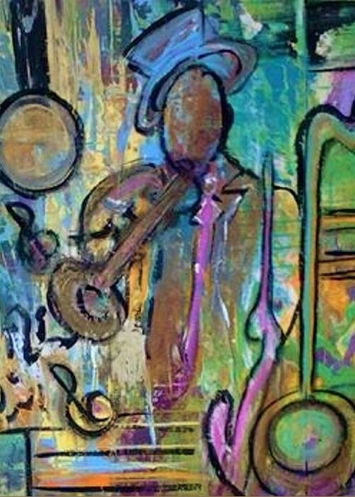 Jazz Greeting Card featuring the painting Blues Jazz Club Series by Kelly M Turner
