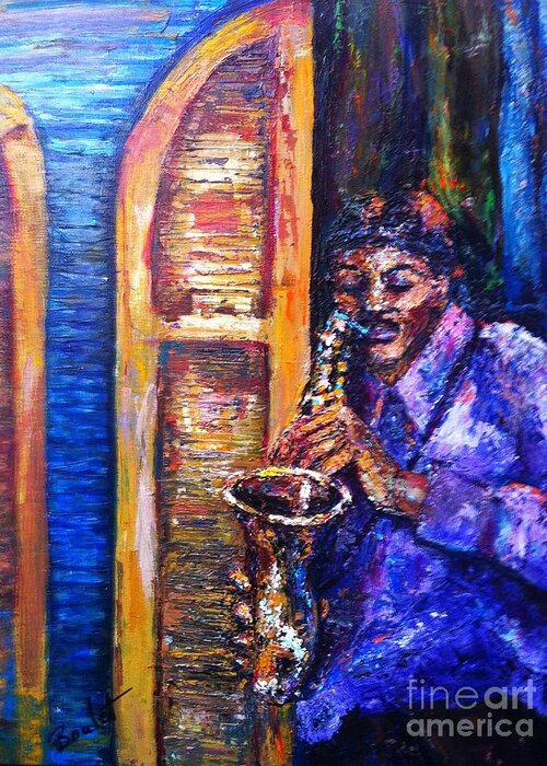 New Orleans Greeting Card featuring the painting Blues Sax by Beverly Boulet