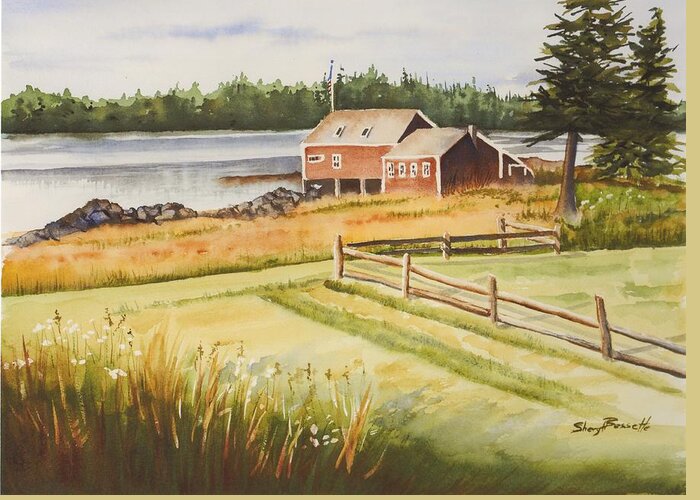 Lake Greeting Card featuring the painting Boat House on Penobscot Bay by Sheryl Bessette