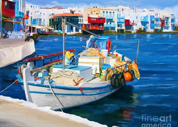 Boat Greeting Card featuring the painting Boat In Greece by Tim Gilliland
