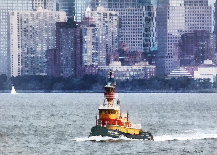 Boat Greeting Card featuring the photograph Boat - Tugboat By Manhattan Skyline by Susan Savad