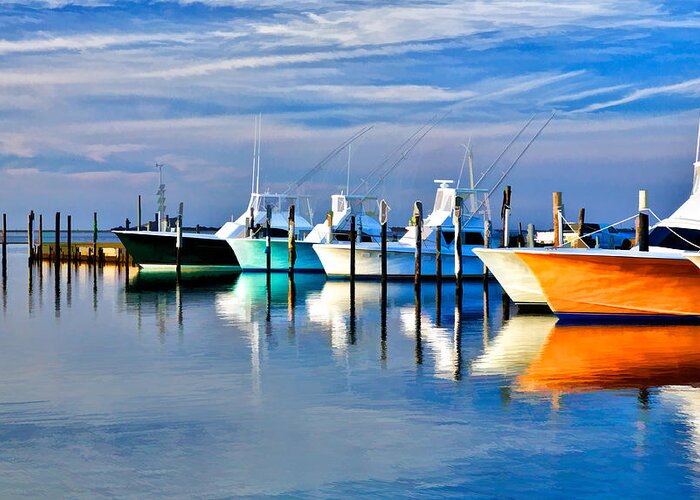 Outer Banks Greeting Card featuring the painting Boats at Oregon Inlet Outer Banks II by Dan Carmichael