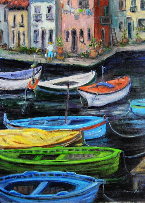 Village Greeting Card featuring the painting Boats in front of the Buildings II by Xueling Zou