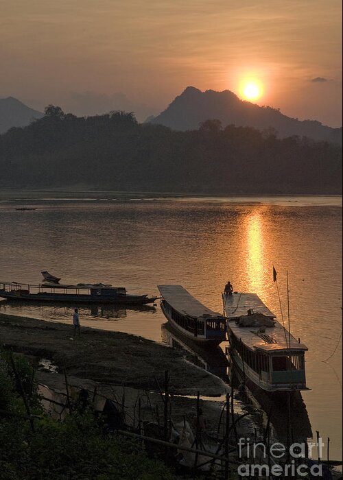 Luang Prabang Laos Asia Sunset River Boats Sunset Greeting Card featuring the photograph Boats On River By Luang Prabang Laos by JM Travel Photography