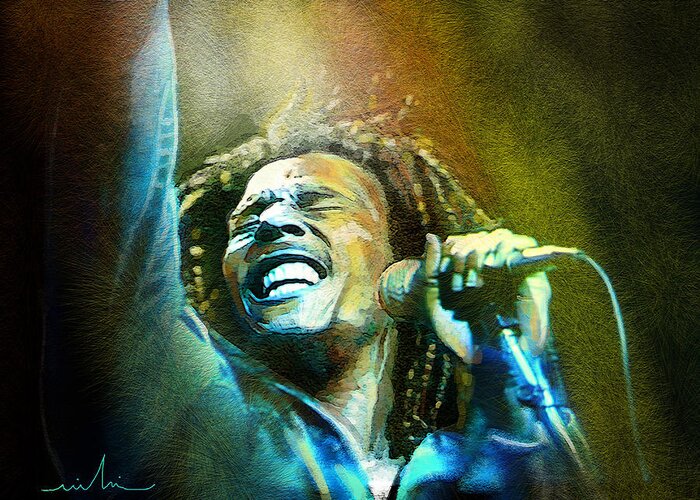 Bob Greeting Card featuring the painting Bob Marley 06 by Miki De Goodaboom