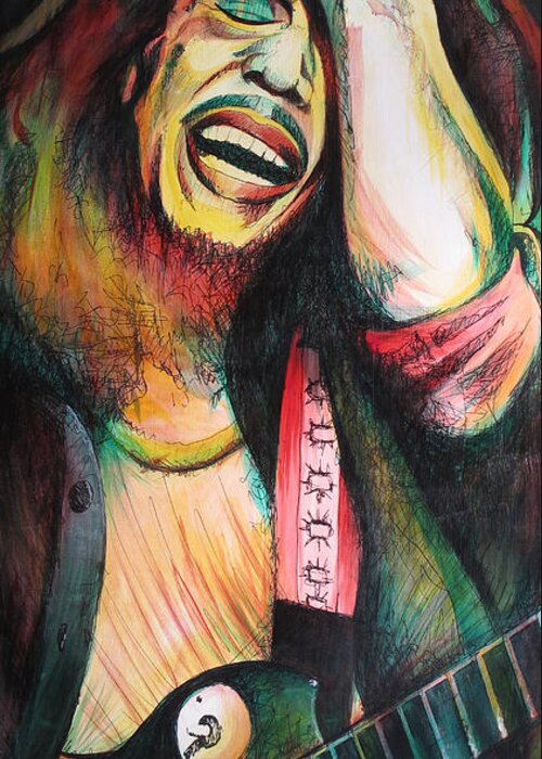 Bob Marley Greeting Card featuring the painting Bob Marley in Agony by Joshua Morton