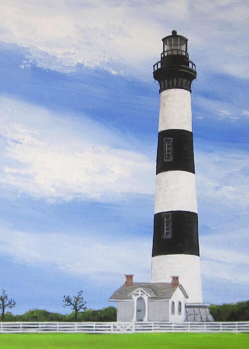Lighthouse Greeting Card featuring the painting Bodie Island Light by Anne Marie Brown