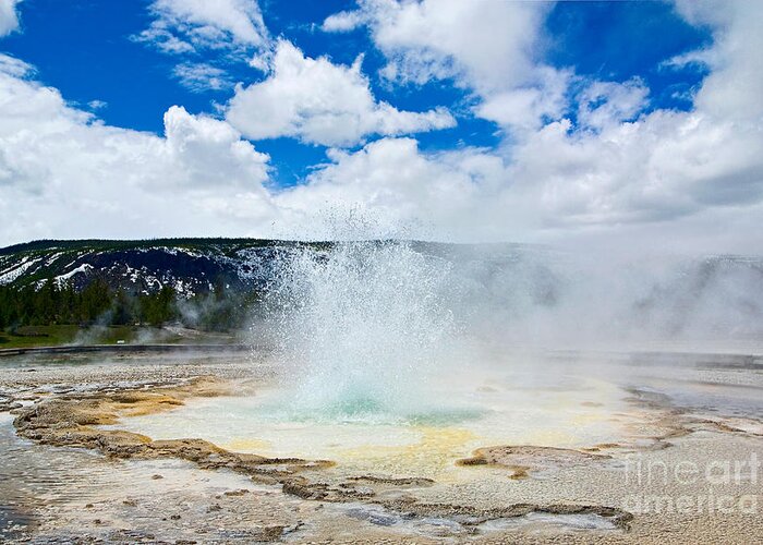 Geyser Greeting Card featuring the photograph Boiling Point - Geyser eruption in Yellowstone National Park by Jamie Pham