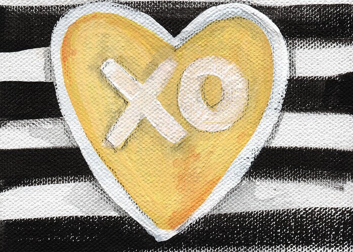 Love Heart Valentine Romance Stripes Black White Yellow Grey Pop Art Contemporary Art Watercolor Ink Painting Xo Family Friend Wife Husband Bedroom Art Kitchen Art Living Room Art Gallery Wall Art Art For Interior Designers Hospitality Art Set Design Wedding Gift Art By Linda Woodspillow Greeting Card featuring the painting Bold Love by Linda Woods