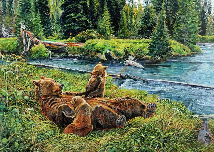 Grizzly Bears Greeting Card featuring the painting Bonding Time by Steve Spencer