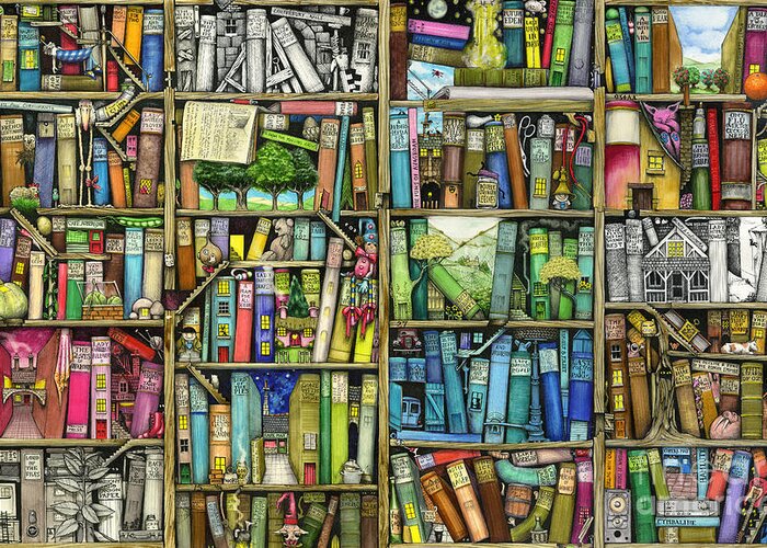 Colin Thompson Greeting Card featuring the digital art Bookshelf by MGL Meiklejohn Graphics Licensing