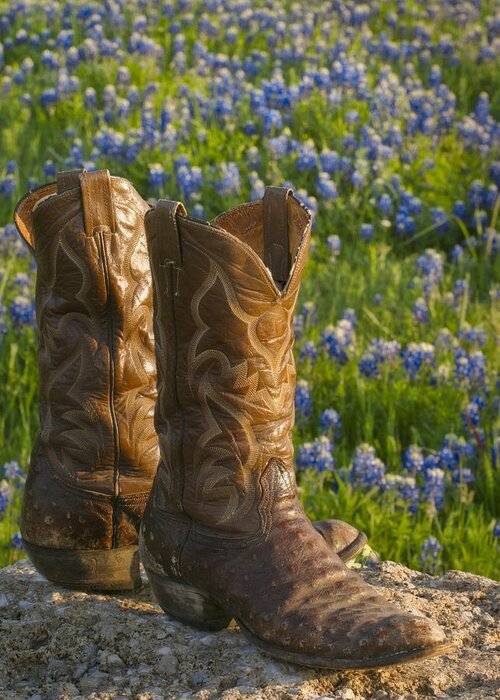 Bluebonnet Greeting Card featuring the photograph Boots and Bluebonnets by David and Carol Kelly