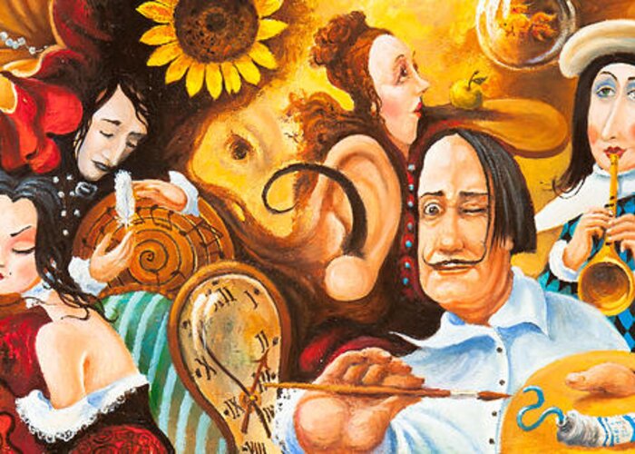 Colourful Greeting Card featuring the painting Bosch's jingles Dali's moustache and Ear of VanGough Make Me Restless by Igor Postash