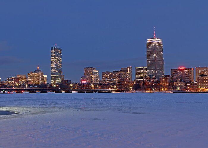 Boston Greeting Card featuring the photograph Boston Prudential Center Lit in Blue and Red for Super Bowl XLIX by Juergen Roth