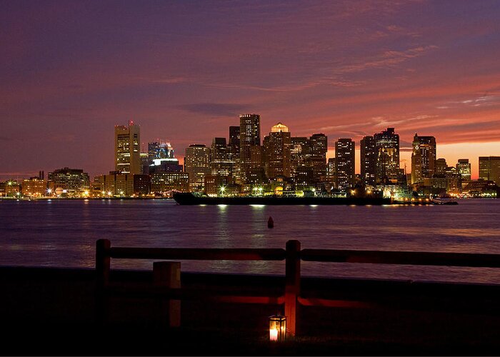 Boston Harbor Greeting Card featuring the photograph Boston skyline sunset by Jeff Folger