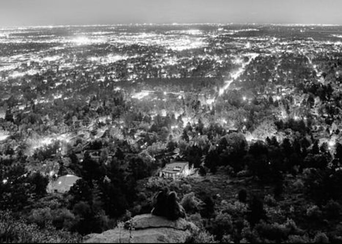 Cityscape Greeting Card featuring the photograph Boulder Colorado City Lights Panorama Black and White by James BO Insogna