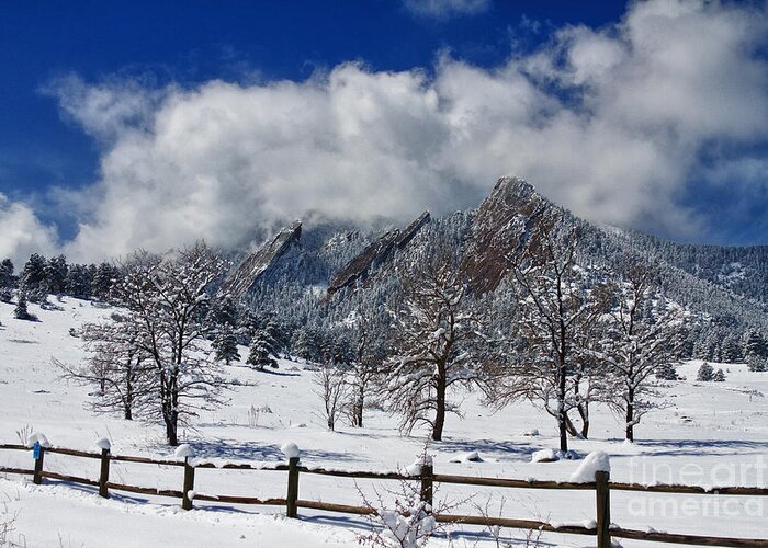 Flatirons Greeting Card featuring the photograph Boulder Colorado Flatirons Snowy Landscape View by James BO Insogna