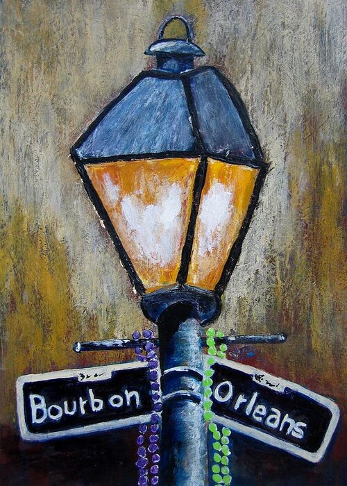 New Orleans Greeting Card featuring the painting Bourbon Light by Suzanne Theis