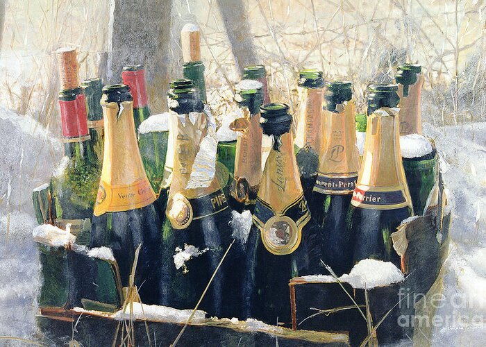 Champagne; Bottles; Wine; Bottle; Crate; Snow; Winter; Christmas; Celebration; Celebrations; Alcohol; Alcoholic; Drink; Champers Greeting Card featuring the mixed media Boxing Day Empties by Lincoln Seligman