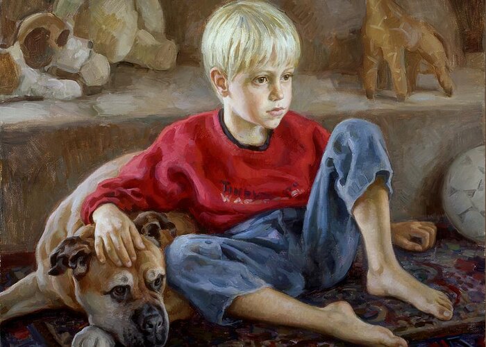 Portrait / Animals Greeting Card featuring the painting Boy with a dog by Serguei Zlenko