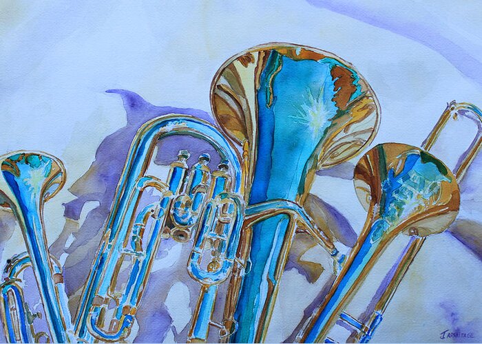 Trombone Greeting Card featuring the painting Brass Candy Trio by Jenny Armitage